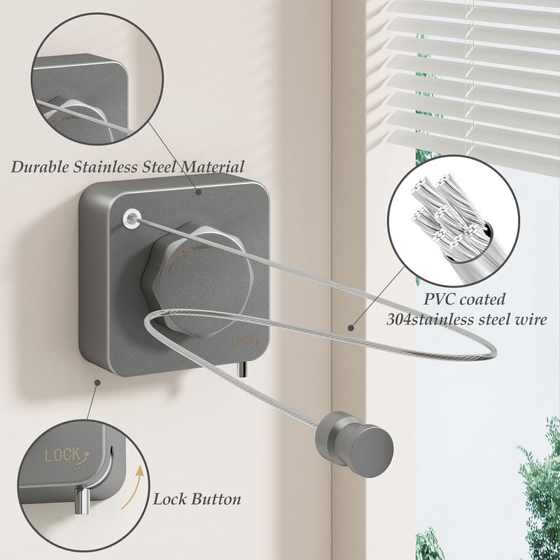 Danpoo Stainless Steel Retractable Clothesline Heavy Duty, Non-Sagging Clothes Line for Indoors/Outdoors, Laundry Line Retractable, Gray - Image 3
